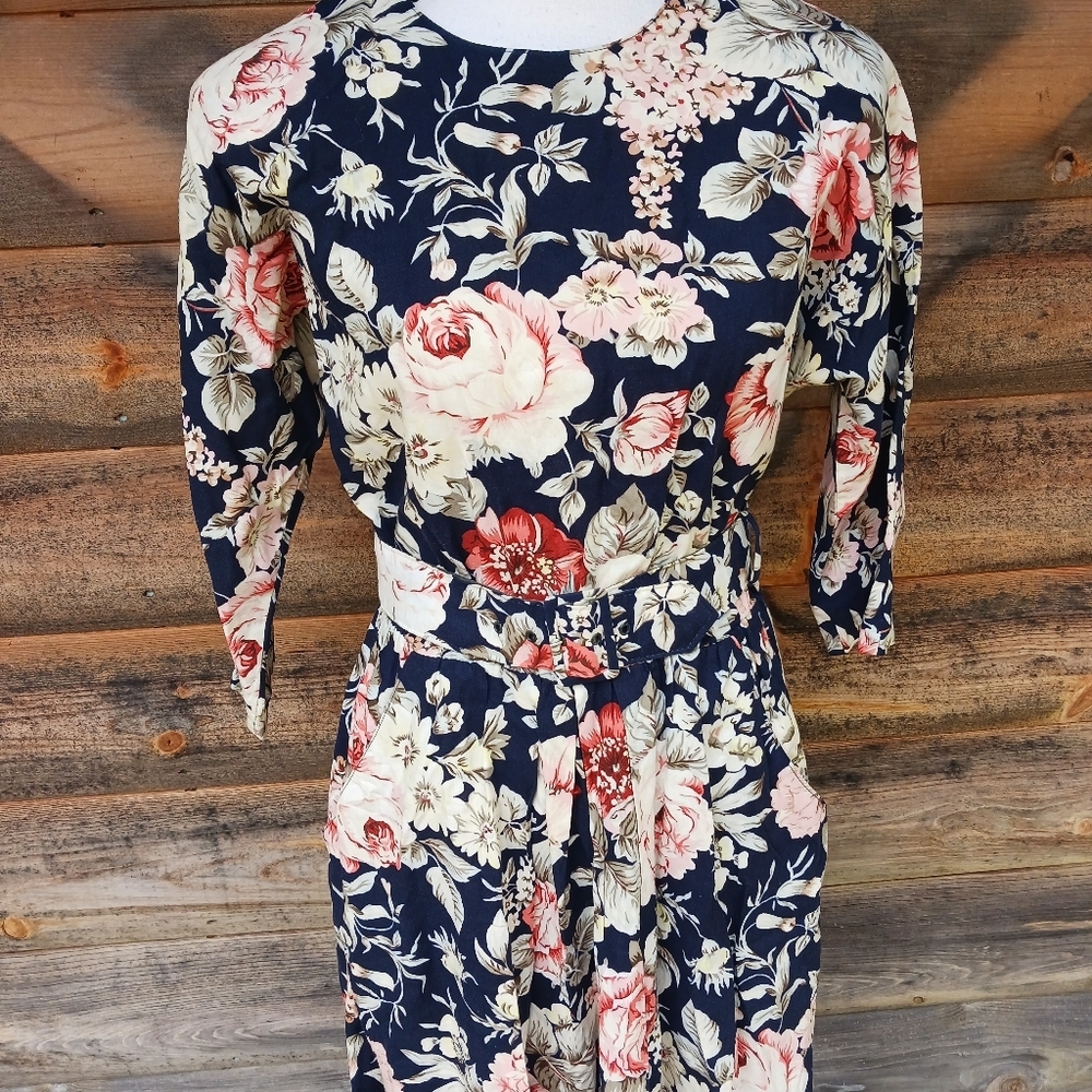 Vintage 80s Paquette Floral Puff Sleeve‎ Dress Size 8 Belted Midi Cottagecore - Picture 2 of 9